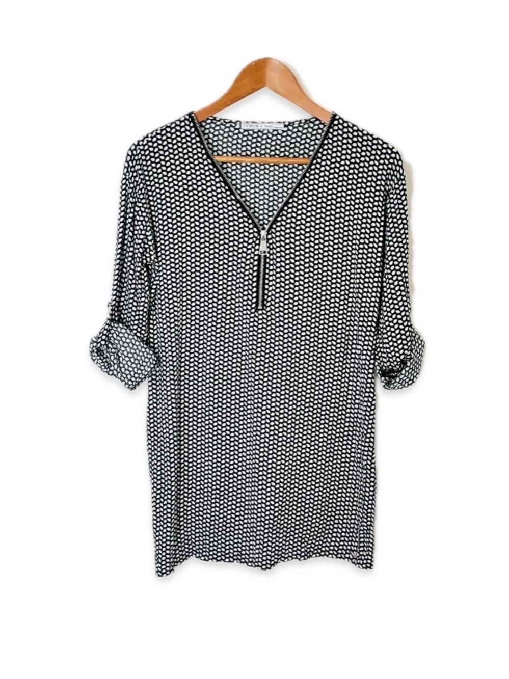 COCO & Tashi Black White Geometric Zip Tunic Top Size S 100% Cotton